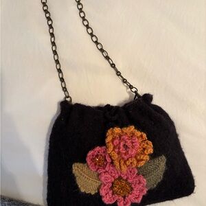 Black Wool Shoulder Bag with Pink & Orange Floral Appliqué